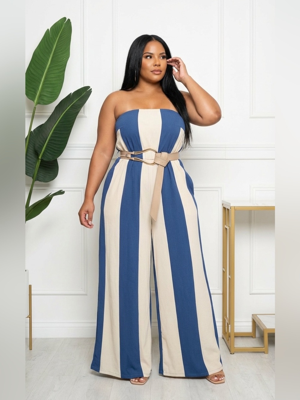 Plus Strapless Wide-Leg Jumpsuit in Blue & Cream (belt not included)